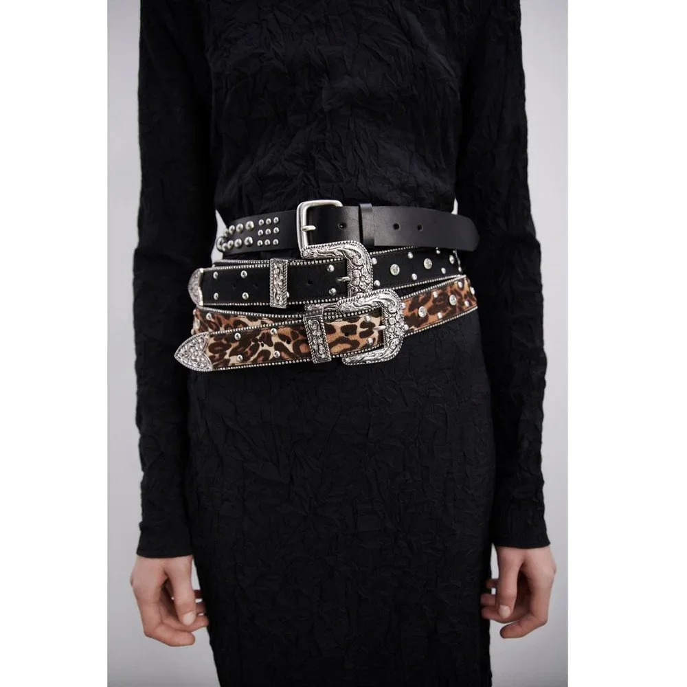 Zara Leather And Rhinestone Animal Print Belt NWT